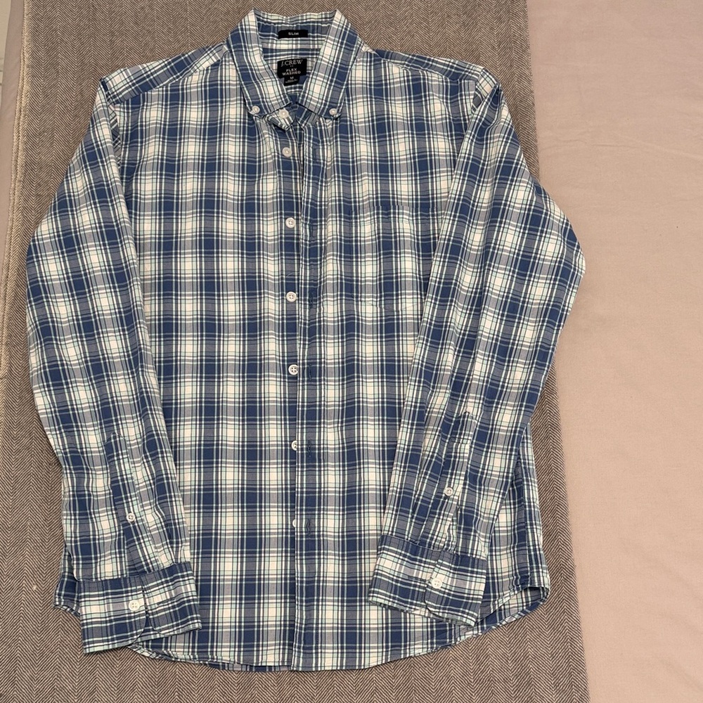 J. Crew Navy and White Checkered Shirt Slim Flex Washed.